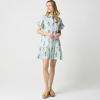 Printed ruffle-sleeve mini shirt-dress