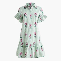 Printed ruffle-sleeve mini shirt-dress