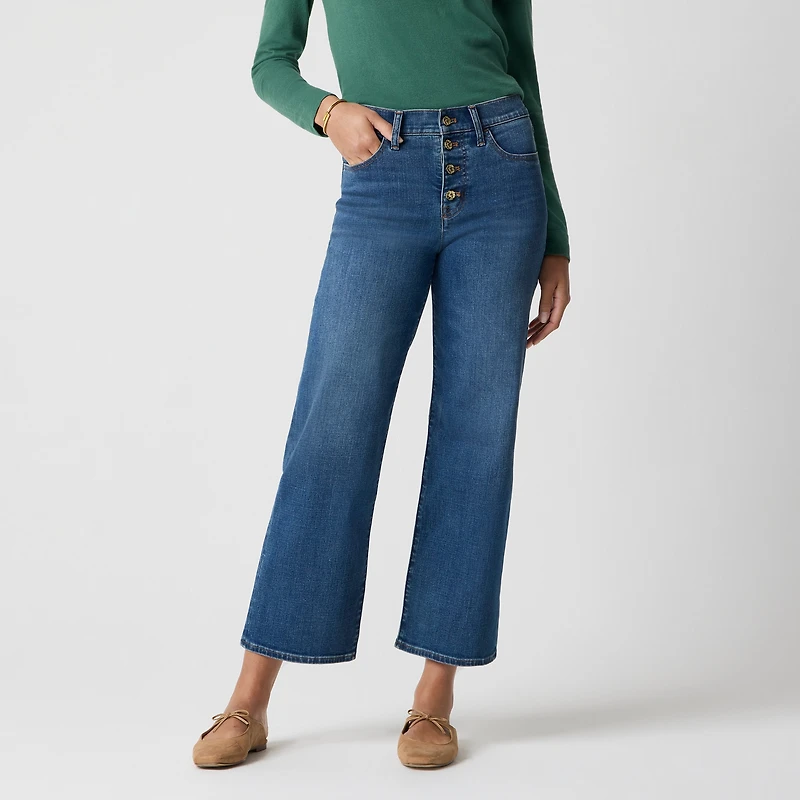 Wide-leg cropped flower button-fly jean in all-day stretch