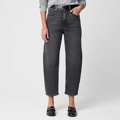 Petite washed black barrel-leg jean in all-day stretch