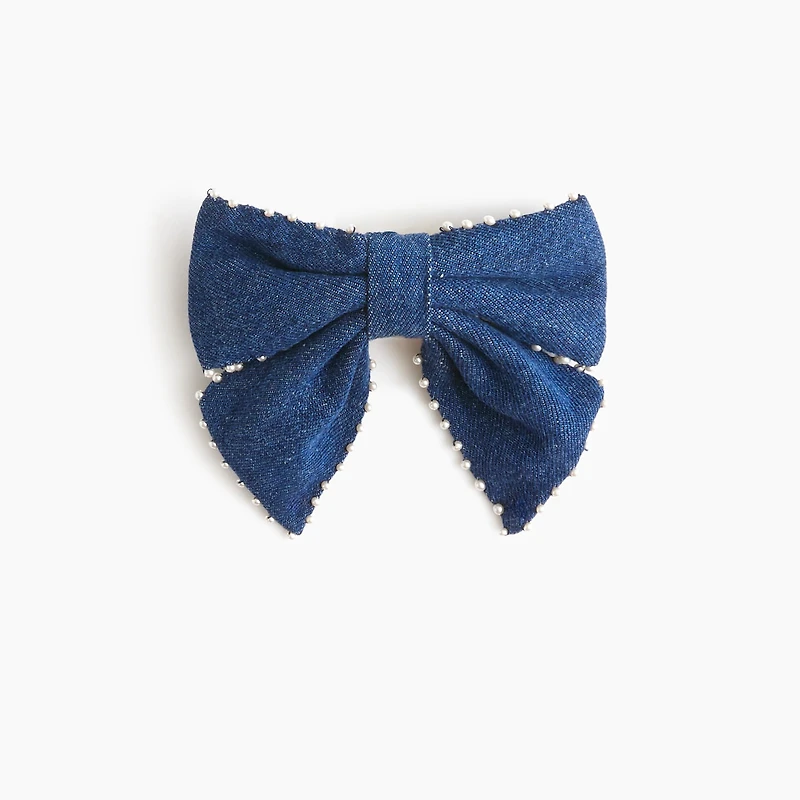 Embellished denim bow barrette