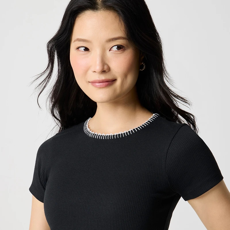 Beaded slim-fit pearl blanket-stitch tee