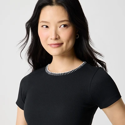 Beaded slim-fit pearl blanket-stitch tee