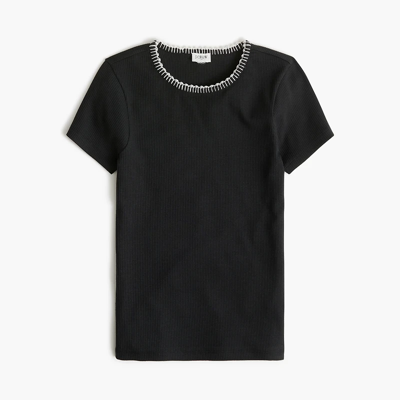 Beaded slim-fit pearl blanket-stitch tee