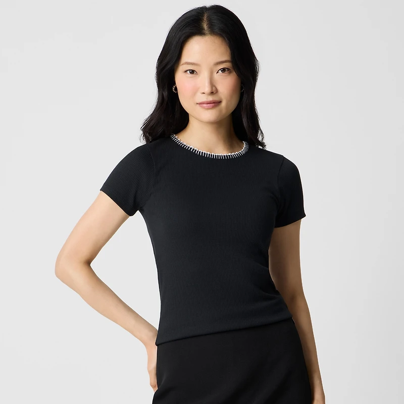 Beaded slim-fit pearl blanket-stitch tee