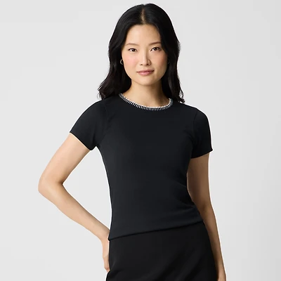 Beaded slim-fit pearl blanket-stitch tee