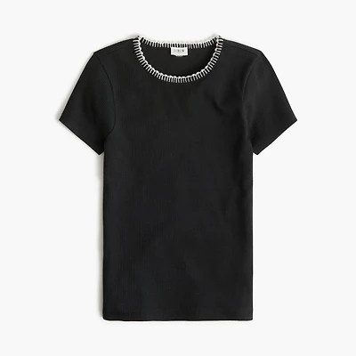 Beaded slim-fit pearl blanket-stitch tee