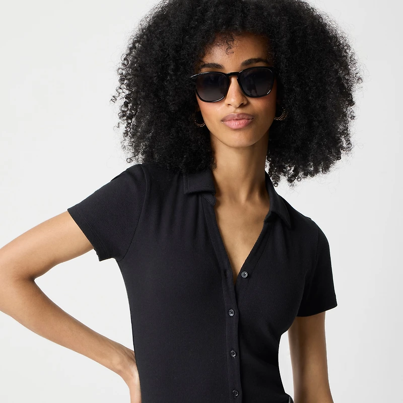 Ribbed button-up polo top