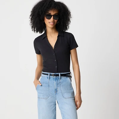 Ribbed button-up polo top