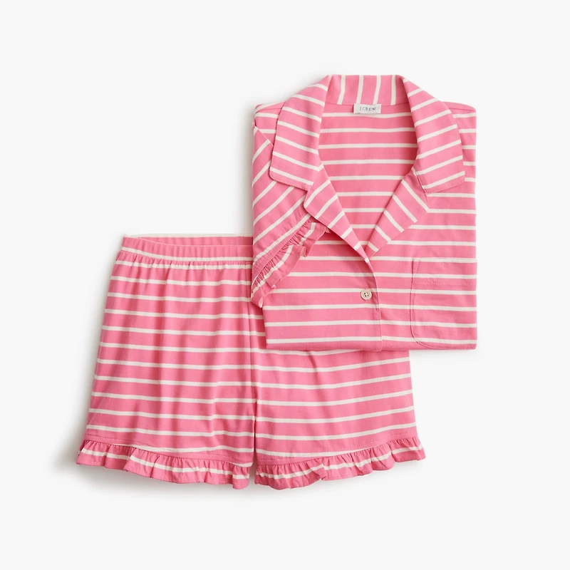 Short-sleeve knit ruffle top and short pajama set