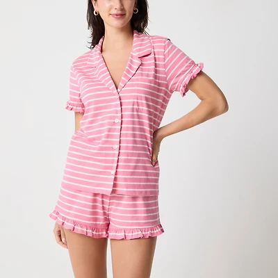 Short-sleeve knit ruffle top and short pajama set