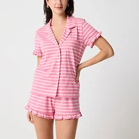 Short-sleeve knit ruffle top and short pajama set