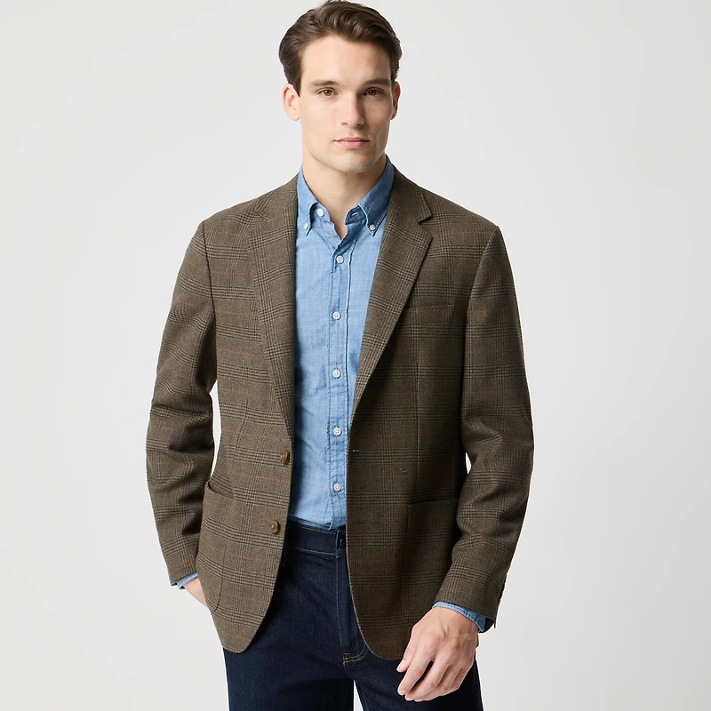 Slim-fit plaid wool-blend patch-pocket blazer
