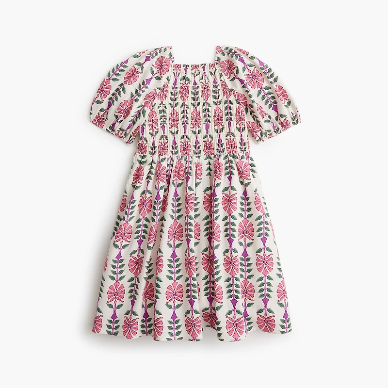 Girls' block-print smocked dress