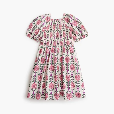 Girls' block-print smocked dress