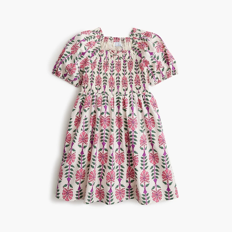 Girls' block-print smocked dress