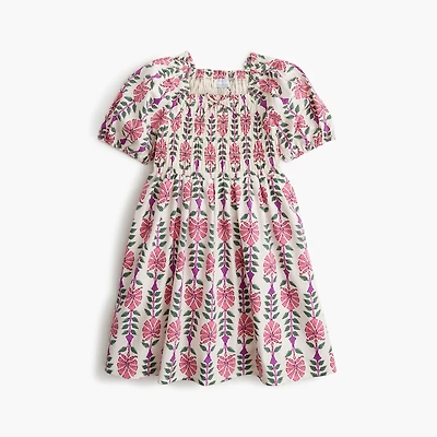 Girls' block-print smocked dress
