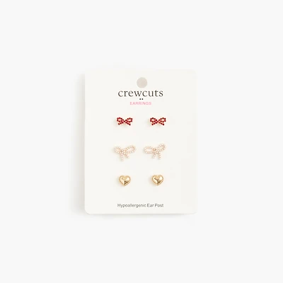 Girls' bow heart earrings pack-of-three