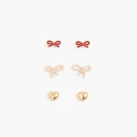 Girls' bow heart earrings pack-of-three