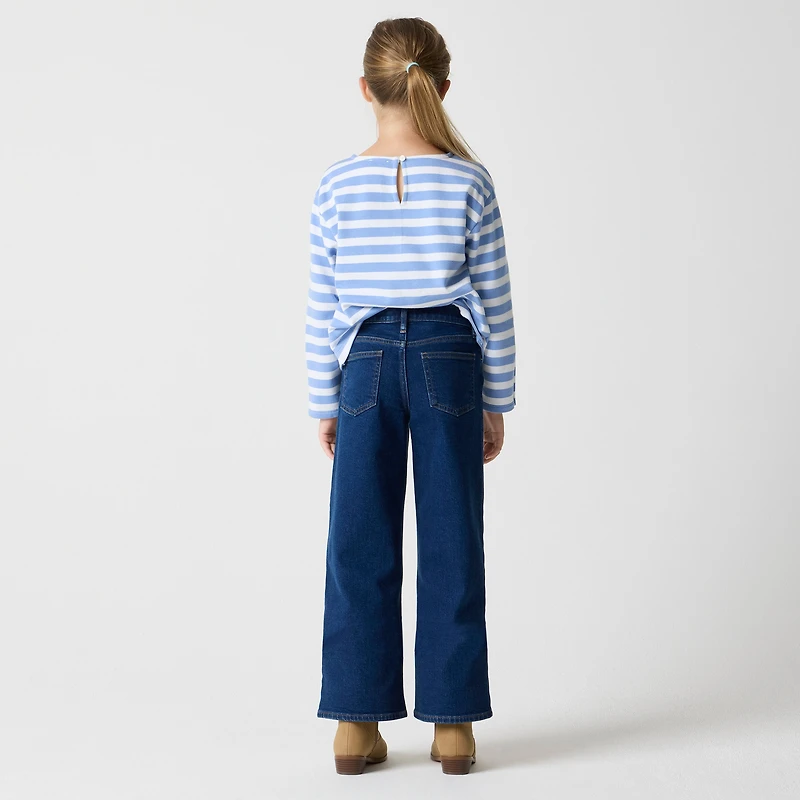 Girls' flower-button wide-leg jean