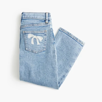 Girls' bow-embroidered vintage straight-leg jean