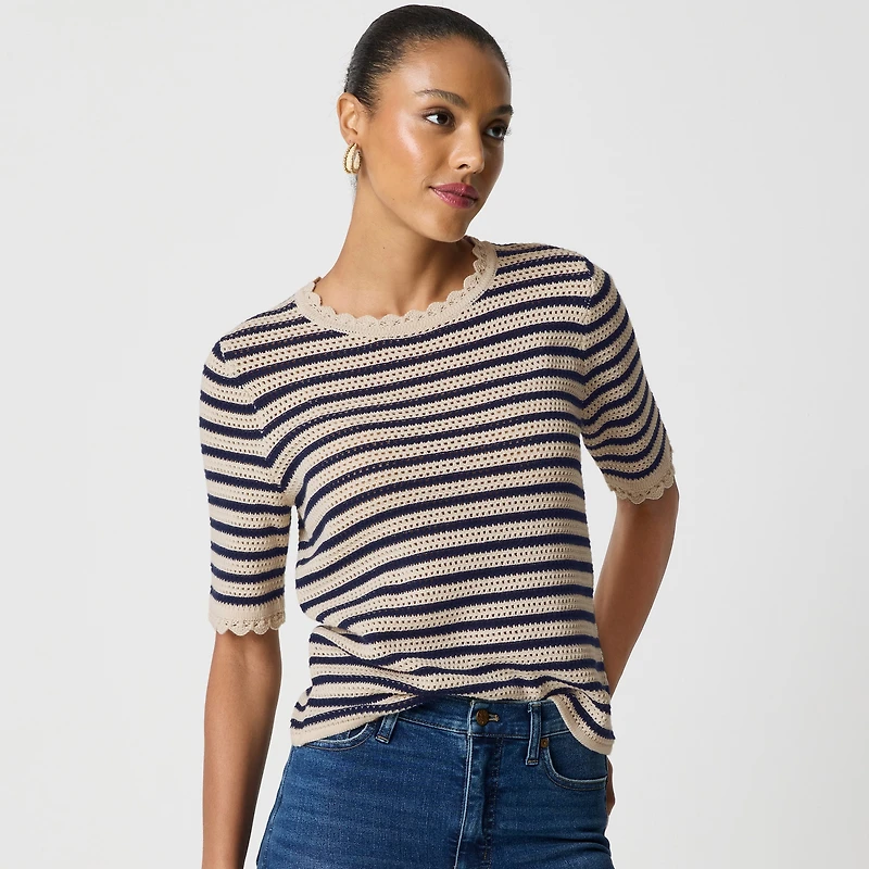 Striped short-sleeve pointelle sweater