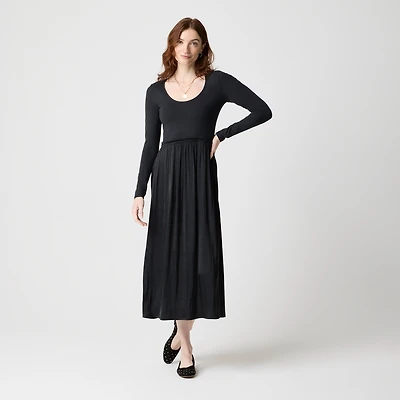 Long-sleeve knit mixed-media dress