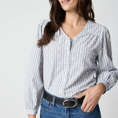 Long-sleeve button-front clip-dot top