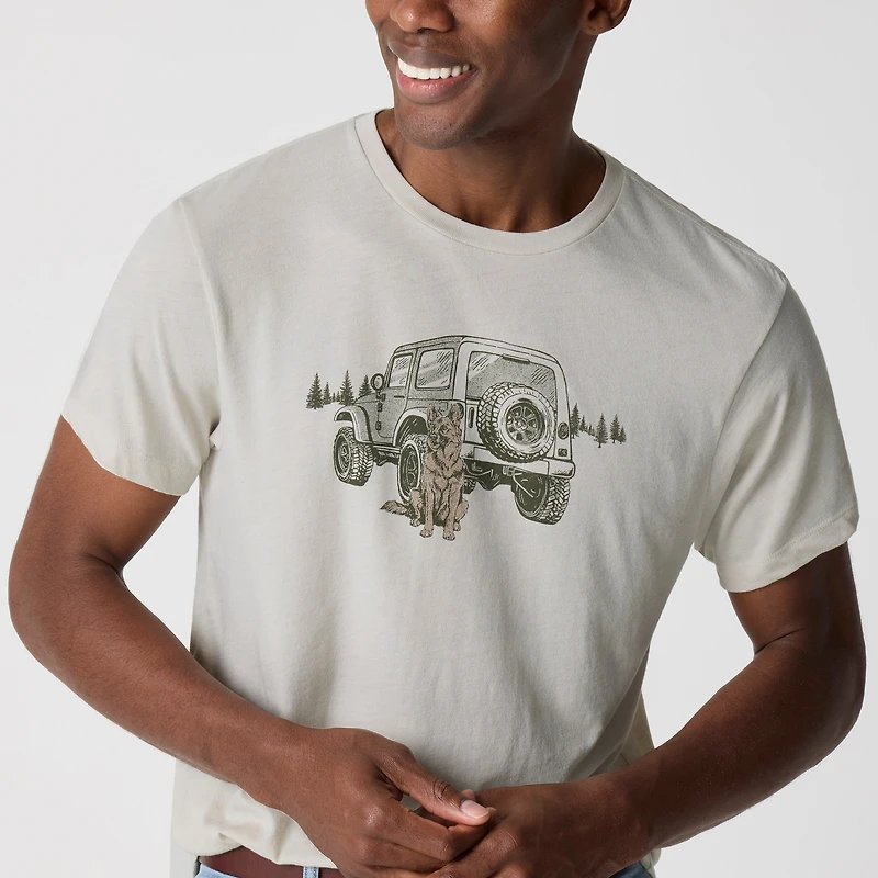 Dog with car graphic tee