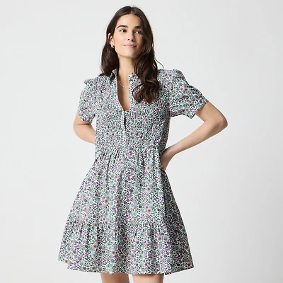 Short-sleeve smocked printed shirt-dress