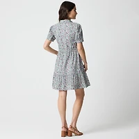 Short-sleeve smocked printed shirt-dress