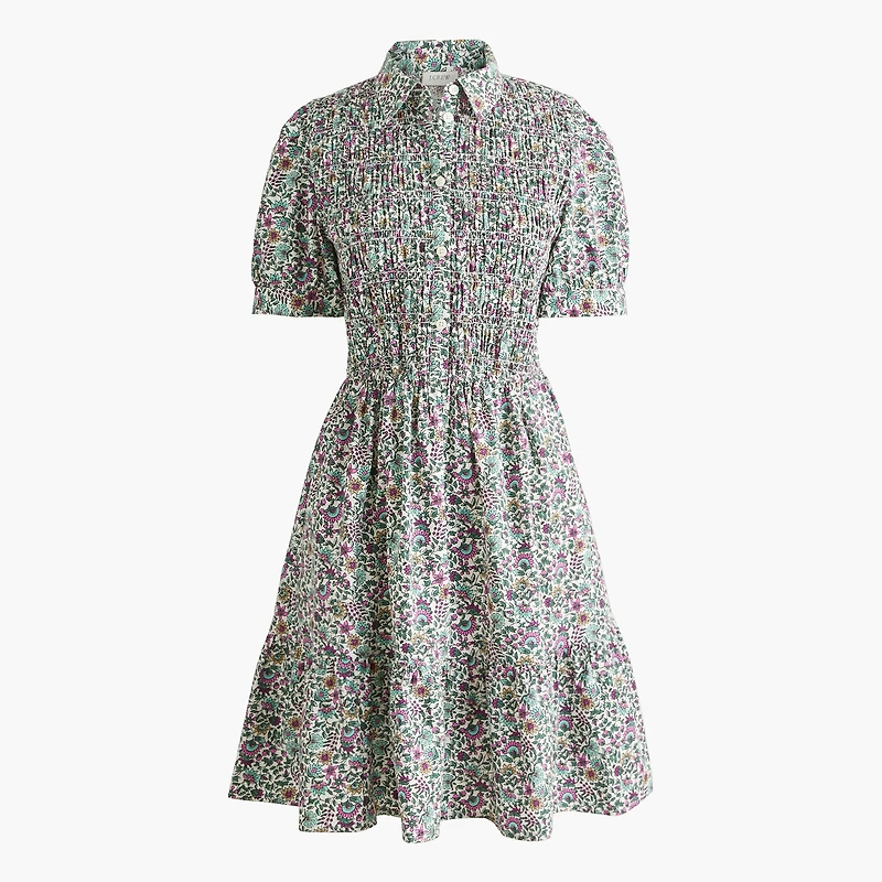 Short-sleeve smocked printed shirt-dress