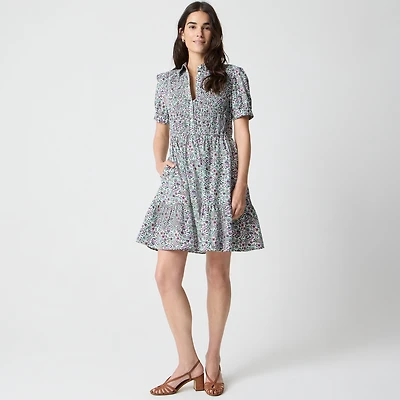 Short-sleeve smocked printed shirt-dress