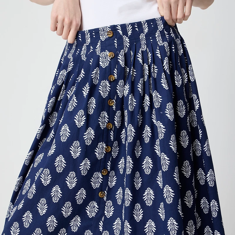 Pleated button-front midi skirt