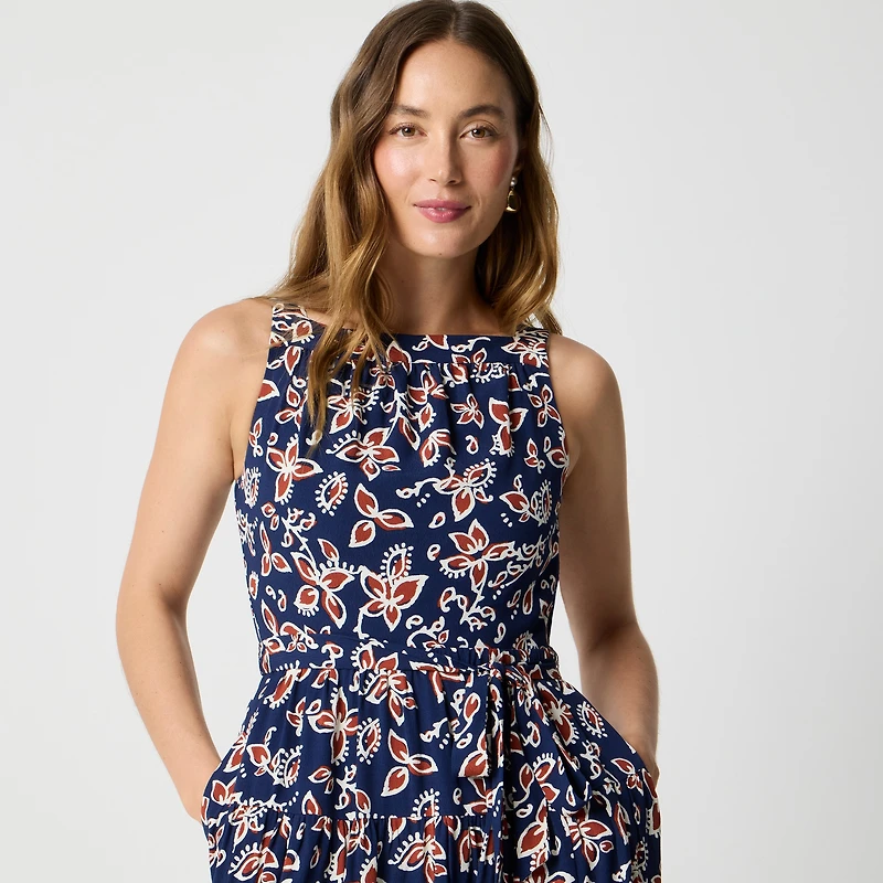 High-neck tie-waist midi dress