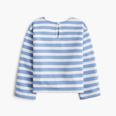 Girls' striped button-sleeve crewneck sweatshirt