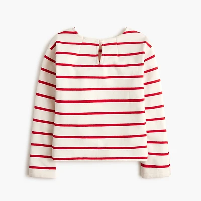 Girls' striped button-sleeve crewneck sweatshirt