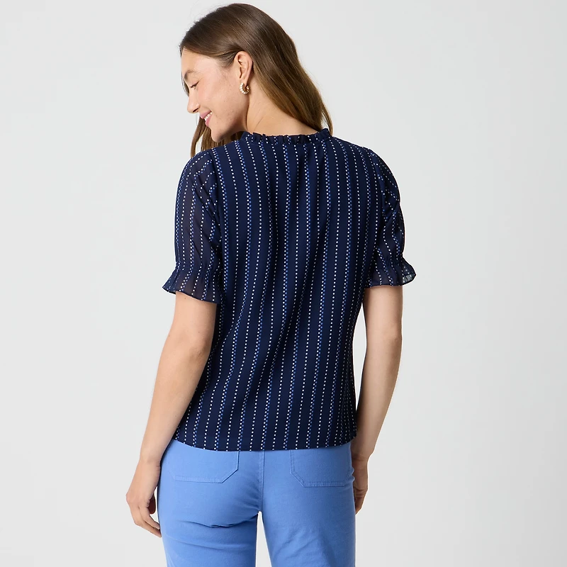 Short-sleeve printed ruffleneck top