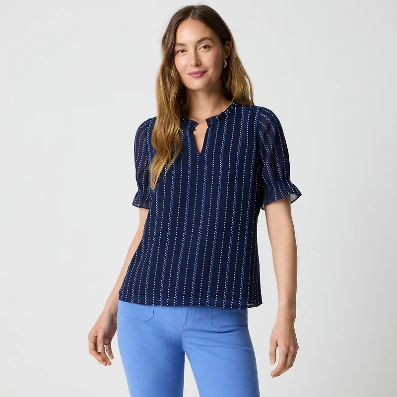 Short-sleeve printed ruffleneck top