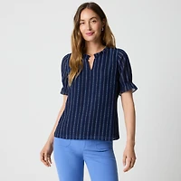 Short-sleeve printed ruffleneck top