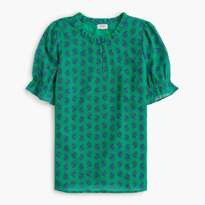 Short-sleeve printed ruffleneck top