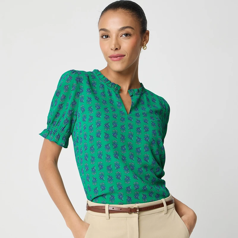 Short-sleeve printed ruffleneck top