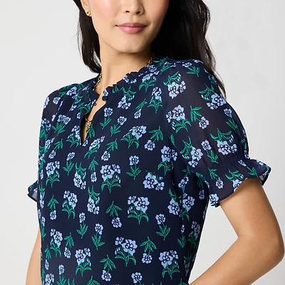 Short-sleeve printed ruffleneck top