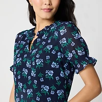 Short-sleeve printed ruffleneck top