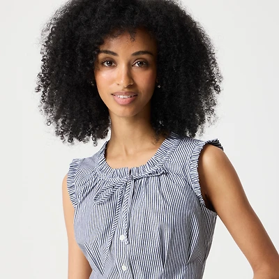 Striped ruffleneck tie-neck top
