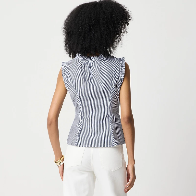 Striped ruffleneck tie-neck top