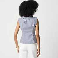 Striped ruffleneck tie-neck top