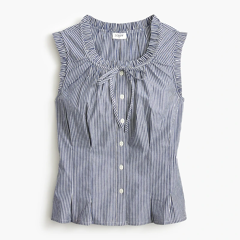 Striped ruffleneck tie-neck top