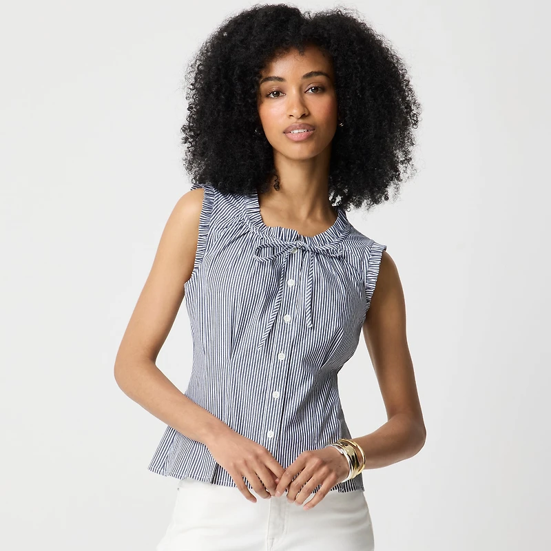 Striped ruffleneck tie-neck top