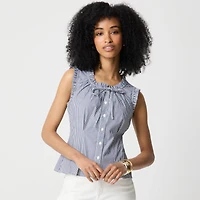 Striped ruffleneck tie-neck top